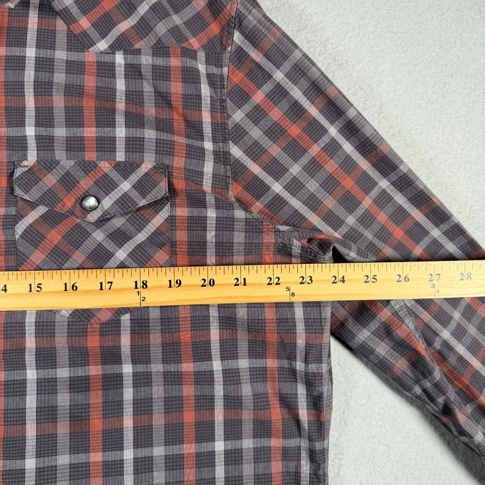 Banana Republic Mens Grey Red Plaid Western Pearl Snap Long Sleeve Shirt Stretch